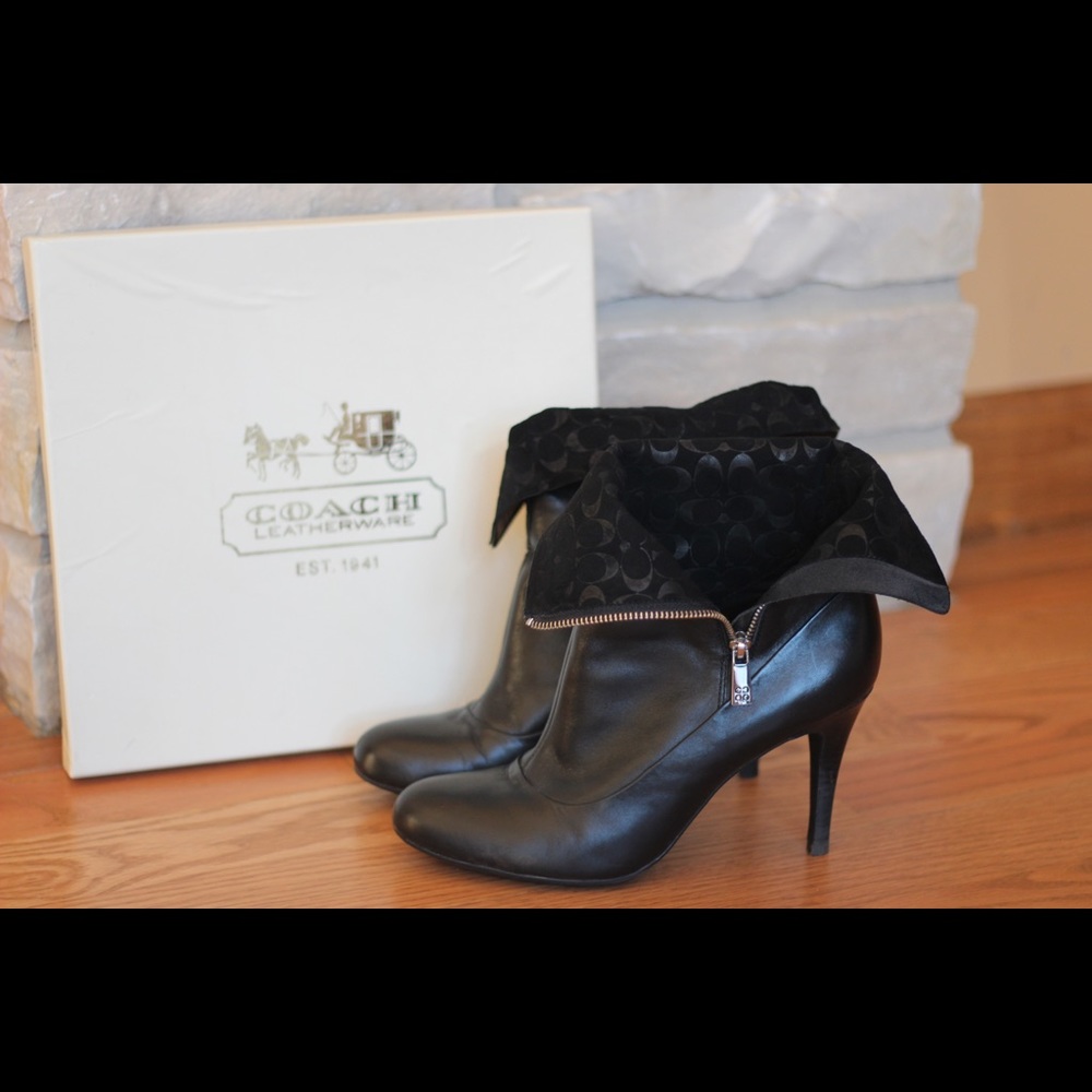 Black leather Coach booties.